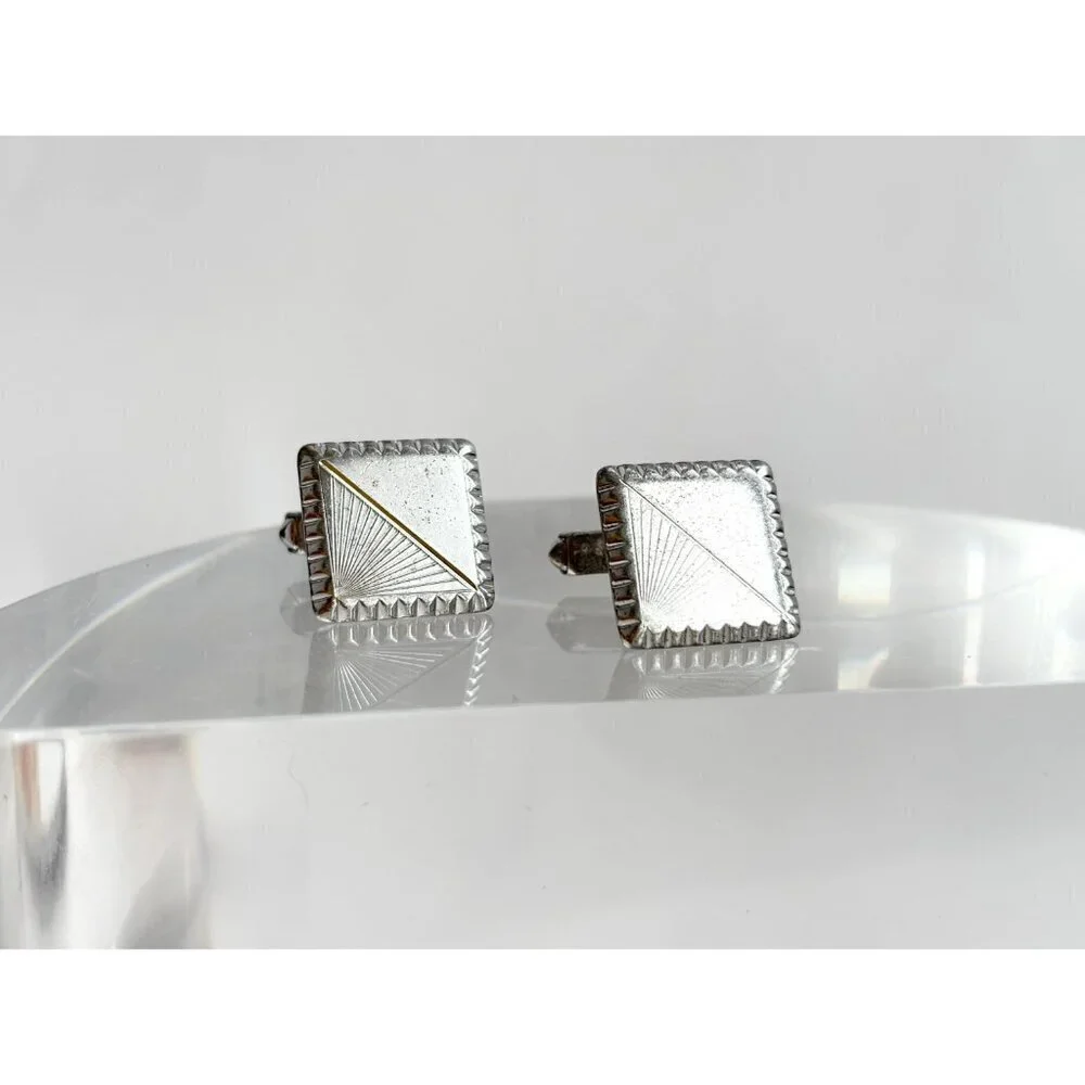 Art Deco Square Shaped Carved Sterling Silver Men's Classic Cuff Links